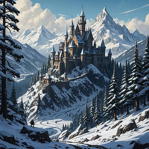 Fantasy Snowy Castle in Mountain Landscape