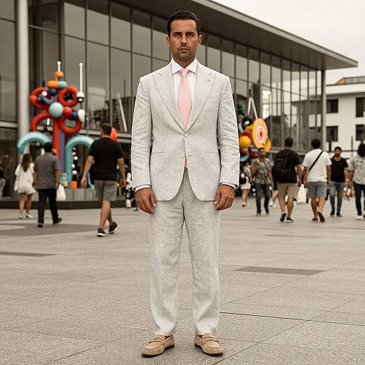 Photograph of a man in a white suit with a pink tie, standing in a busy urban plaza with modern glass buildings and colorful balloon decorations in the