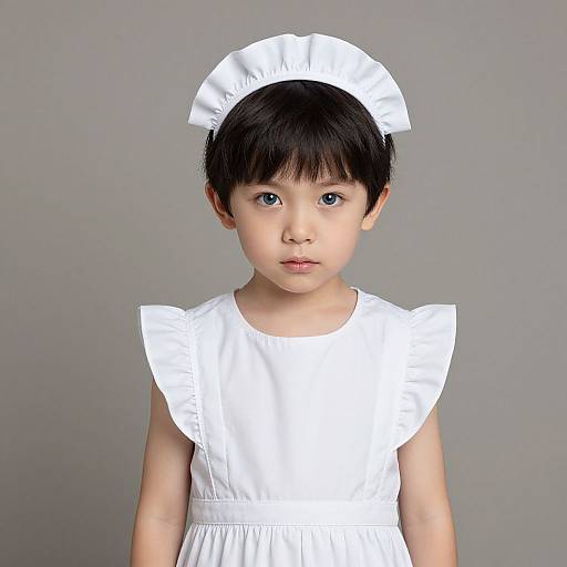 Photograph of an Asian toddler with black hair, wearing a white sleeveless maid dress and matching cap, standing against a gray background.