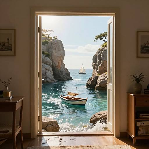 Photograph of a sunlit coastal scene viewed through an open door, showing a small boat in turquoise waters between rocky cliffs, with a distant sailboat
