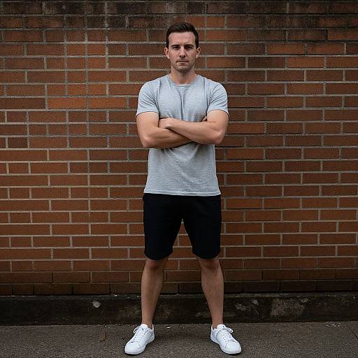 Confident Man Standing by Brick Wall