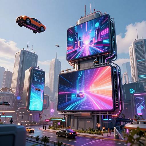 Futuristic Cityscape with Flying Cars and Neon Billboards