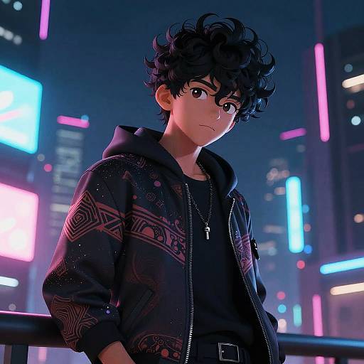 Digital anime-style drawing of a young man with curly black hair, wearing a patterned black hoodie, standing against a neon-lit cityscape background.