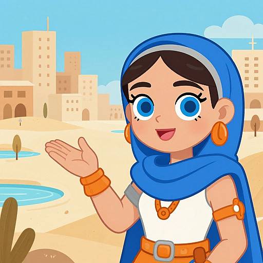 Cartoon Woman by Desert Cityscape