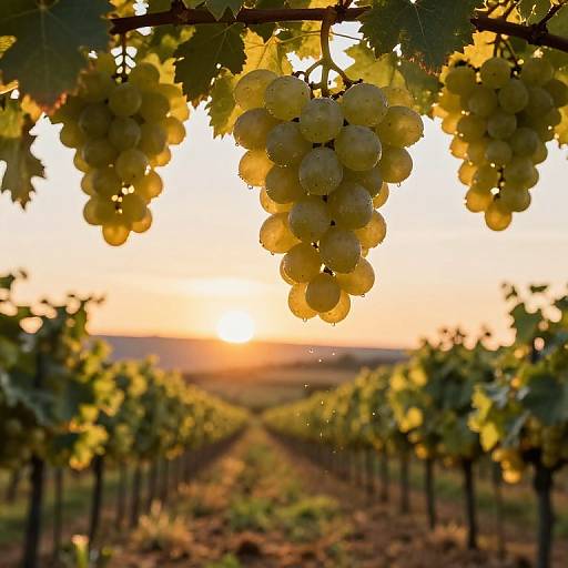 Photograph of golden grape clusters hanging from a vine at sunset, with rows of vineyard plants in the background.