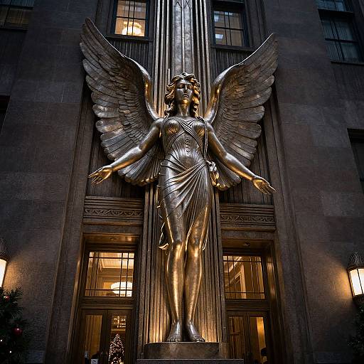 Photograph of a large, golden-winged angel statue with outstretched arms, standing between two illuminated windows on a dark, stone building at night