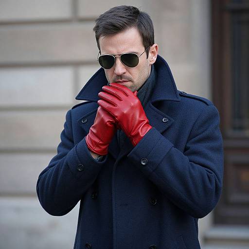 Photograph of a stylish man with dark hair, sunglasses, black coat, and bright red leather gloves, standing in front of a stone building.