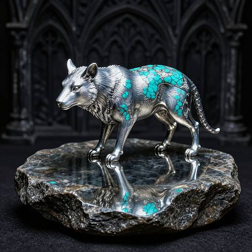 Photorealistic digital art of a metallic wolf with glowing blue patterns, standing on a reflective rock, against a gothic arch background.
