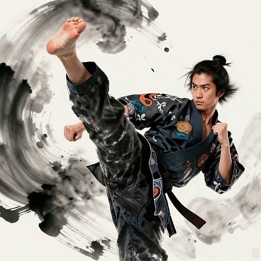 Digital artwork of an Asian martial artist executing a high kick, wearing a black gi with colorful patches, surrounded by swirling black smoke.