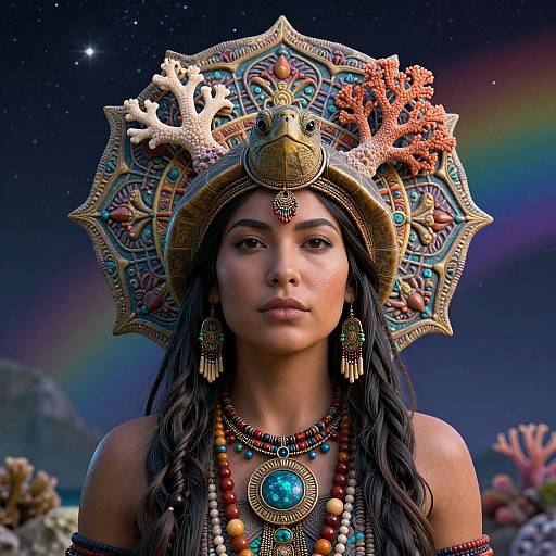 Photorealistic digital portrait of a Native American woman with dark hair, wearing an ornate, coral-adorned headdress, colorful jewelry, and
