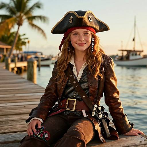 Photograph of a smiling young woman with long brown hair, wearing a pirate costume, black tricorn hat, brown leather jacket, sitting on a wooden