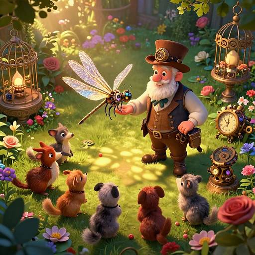 Whimsical CGI scene: bearded man in brown vest and hat holds dragonfly, surrounded by cute, curious woodland animals in vibrant garden with lantern
