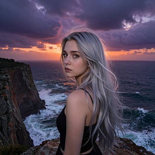 Photograph of a silver-haired woman with pale skin, black top, standing on rocky cliff at sunset, looking over dramatic ocean waves. Dark clouds and