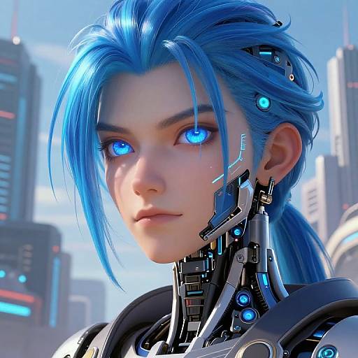 Digital CGI of a cybernetic woman with glowing blue eyes and hair, featuring metallic neck enhancements, standing in a futuristic cityscape.