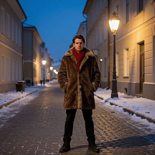Photograph of a serious man in a brown fur coat, red scarf, and black pants standing on a snow-covered, cobblestone street at twilight