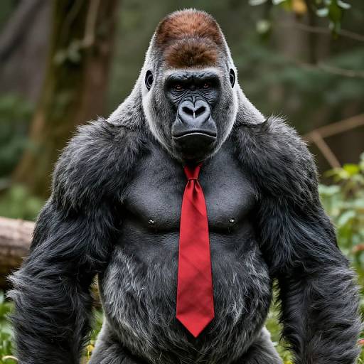 Photograph of a muscular, black-furred gorilla with a red tie, standing in a lush forest, intense expression, contrasting nature and formal attire