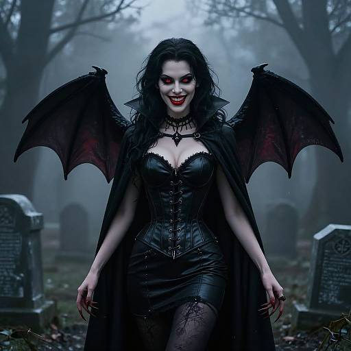 Digital illustration of a pale, dark-haired vampire woman with red lipstick, black bat wings, and a leather corset, standing in a foggy,