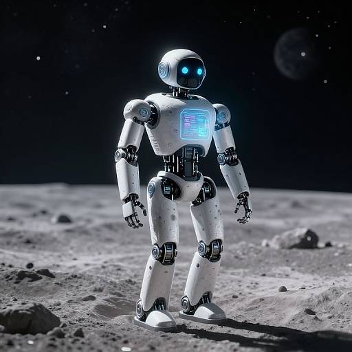 Photorealistic CGI of a glowing, white, robotic humanoid standing on a moon-like surface, with a dark starry sky and distant planet in the