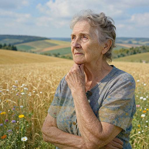 Photograph of an elderly woman with gray hair, wearing a blue patterned shirt, standing in a sunlit, flower-filled field, with rolling hills
