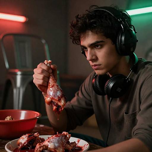 Intense Young Man with Bloodied Chicken Leg