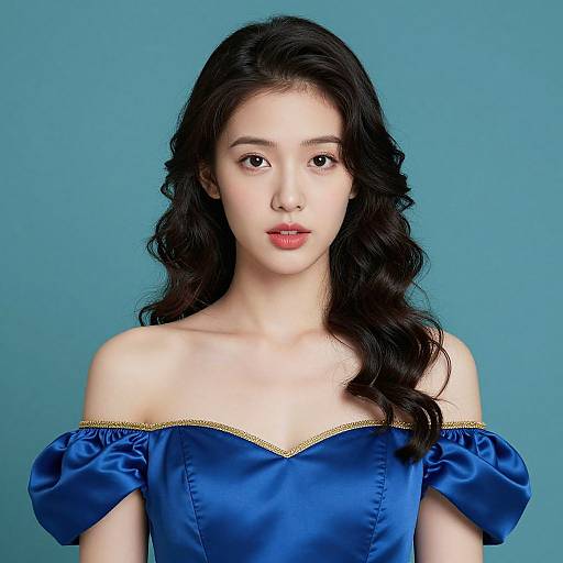 Photograph of an Asian woman with long, wavy black hair, wearing an off-shoulder blue satin dress with gold trim, against a teal