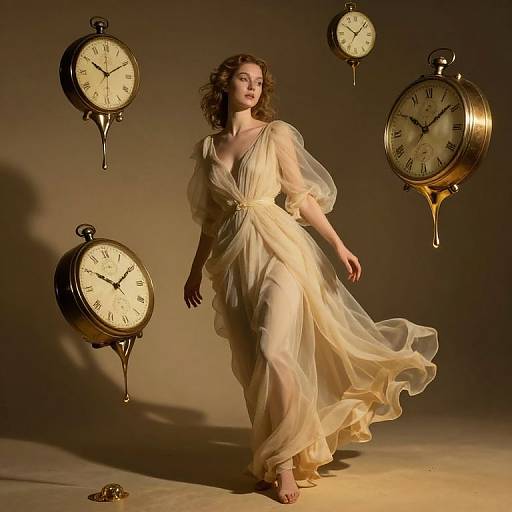 Photograph: A curly-haired woman in a flowing, sheer, cream-colored dress stands amidst four floating antique clocks against a dimly lit background.