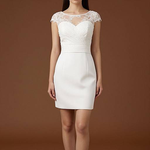 Photograph of a woman wearing a white lace-trimmed, short-sleeve, form-fitting dress against a brown background, with her head