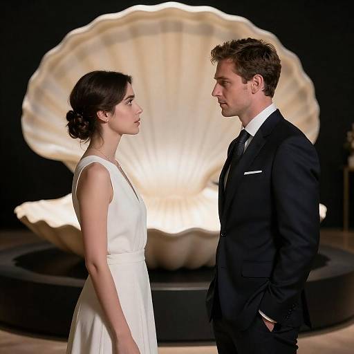 Elegant Couple Under Illuminated Sculpture