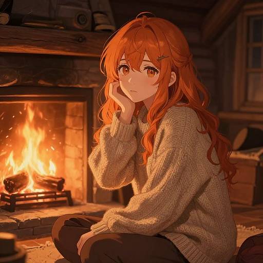 Anime-style digital artwork of a red-haired girl in a cozy, warmly lit wooden cabin, wearing a gray sweater, sitting by a roaring fireplace, with