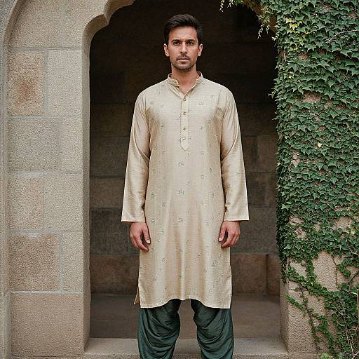 Photograph of a young South Asian man with short black hair, beard, wearing a cream traditional kurtah and green pants, standing in a stone