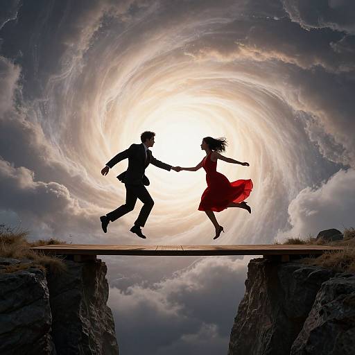 Silhouetted couple jumps over chasm against swirling sunlit sky; man in suit, woman in red dress, dynamic, romantic, surreal.