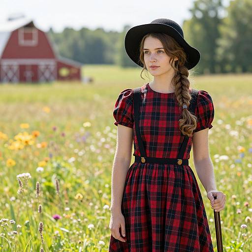 Photograph of a young woman with fair skin and brown hair in a braid, wearing a black hat and red plaid dress, standing in a