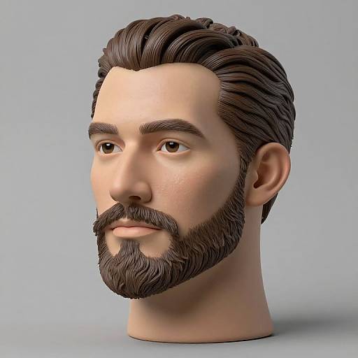 Photorealistic CGI bust of a bearded man with dark brown hair, light skin, and brown eyes, against a plain light blue background.