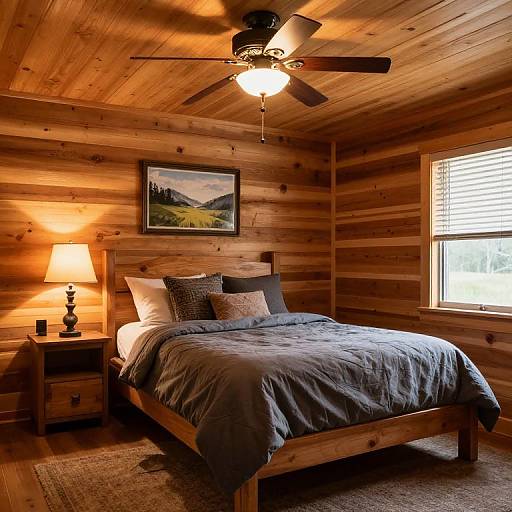 Cozy wooden cabin bedroom with log walls, ceiling, and floor, featuring a bed with gray blankets, two pillows, a lamp, painting, and
