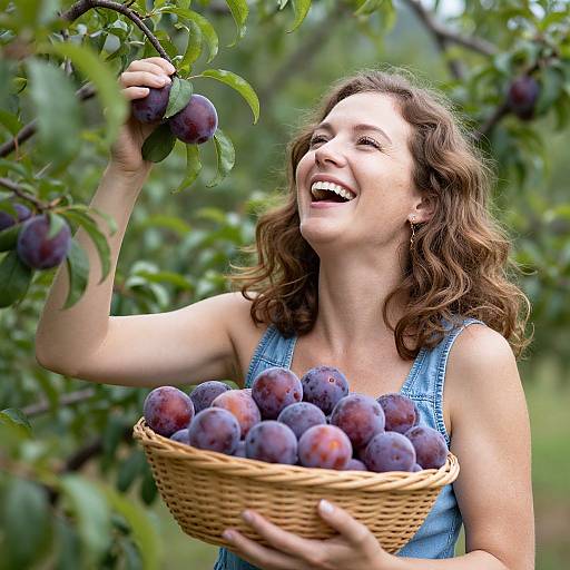 Photograph of a smiling woman with wavy brown hair, wearing a blue sleeveless top, picking and holding a basket of ripe plums in a