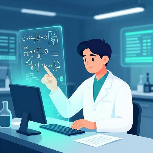 Digital illustration of a smiling male scientist with black hair, wearing a white lab coat, pointing at glowing mathematical equations on a holographic screen in a modern