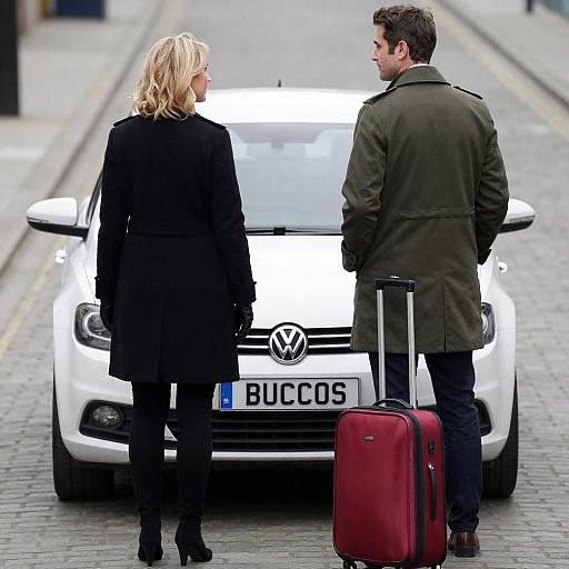 Couple Posing by White Car Photo