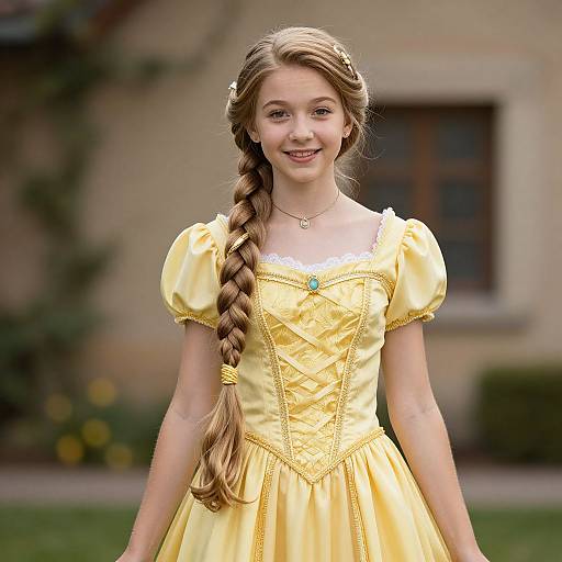 Photograph of a young girl with long braided blonde hair, wearing a yellow princess-style dress with puffed sleeves, smiling outdoors. Background includes a