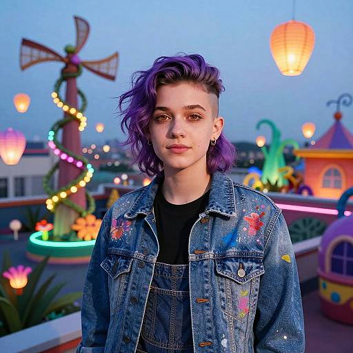 Vibrant Non-Binary Teen in Fairytale Rooftop