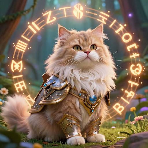 CGI fantasy image of a fluffy, brown and white cat with golden armor, glowing runes circle around, standing in a magical forest.