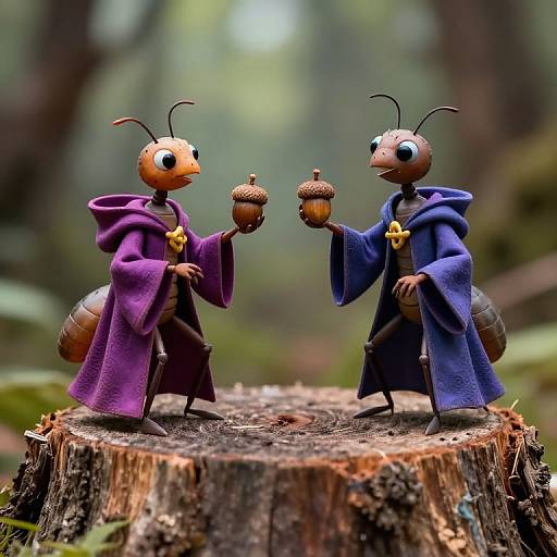Photograph of two anthropomorphic ants in purple and blue robes, each holding a hazelnut, standing on a tree stump in a forest.