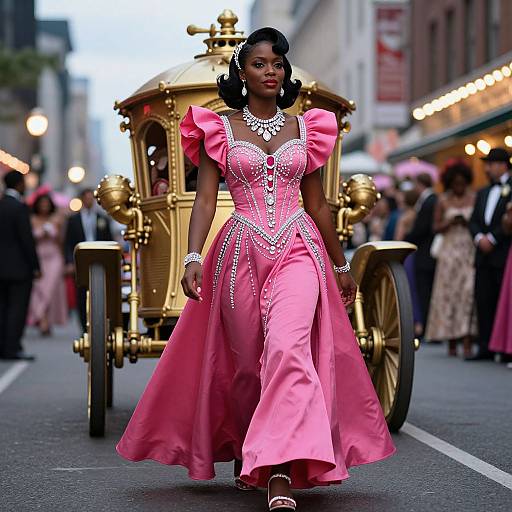 Photograph of a Black woman in a pink, sparkling ball gown and tiara, walking confidently in a golden carriage down a bustling, illuminated city street