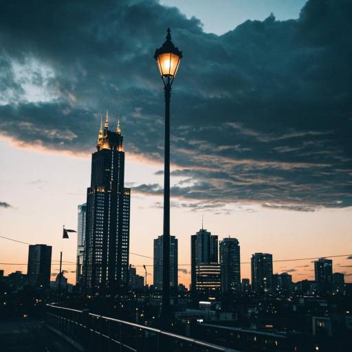Cityscape at Sunset with Lamppost
