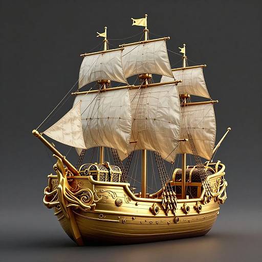 3D Golden Treasure Ship Render