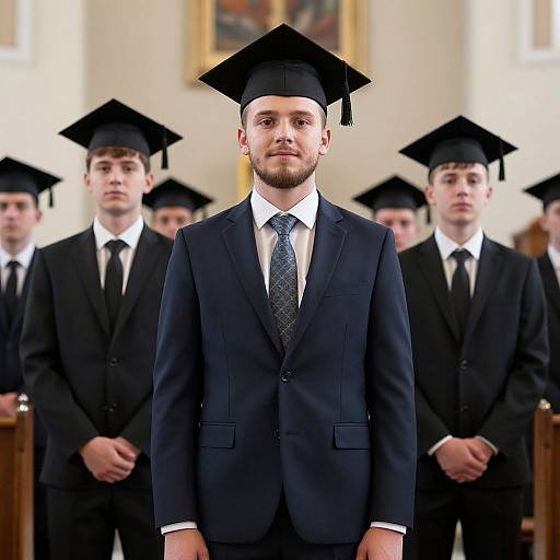 Photograph of a bearded man in a black graduation cap and suit, standing in front of a group of similarly dressed men in a formal room.