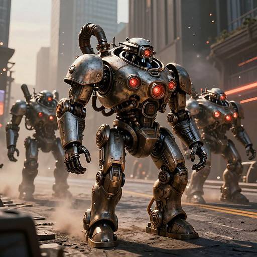 Photorealistic CGI of four metallic, red-eyed robots with curved pipes, marching down a dusty, urban street with tall buildings.