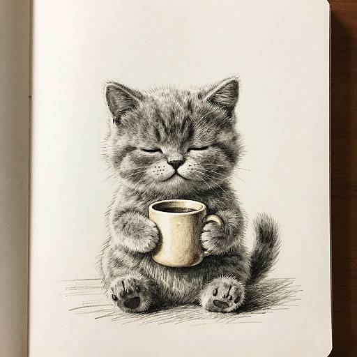 Adorable pencil drawing of a chubby, gray tabby kitten with closed eyes, sitting and holding a small beige mug with both paws.