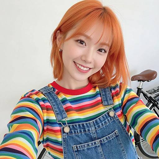 Photograph of a smiling Asian woman with orange hair, wearing a rainbow-striped shirt and blue denim overalls, standing beside a bicycle.