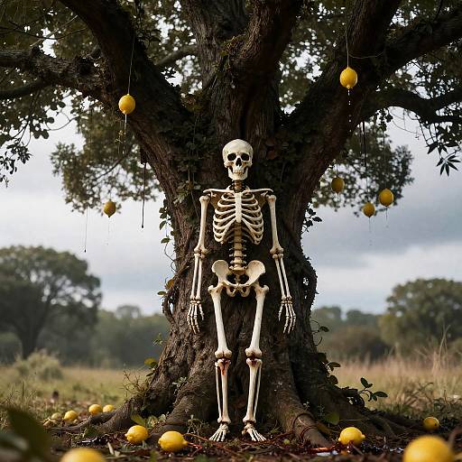 Skeleton under Lemon Tree with Dripping Blood
