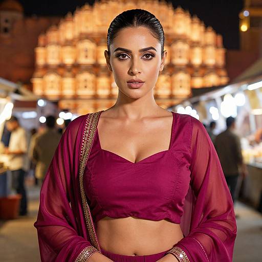 Photograph of a beautiful South Asian woman with dark hair in a bun, wearing a maroon crop top and matching sheer kameez, standing in